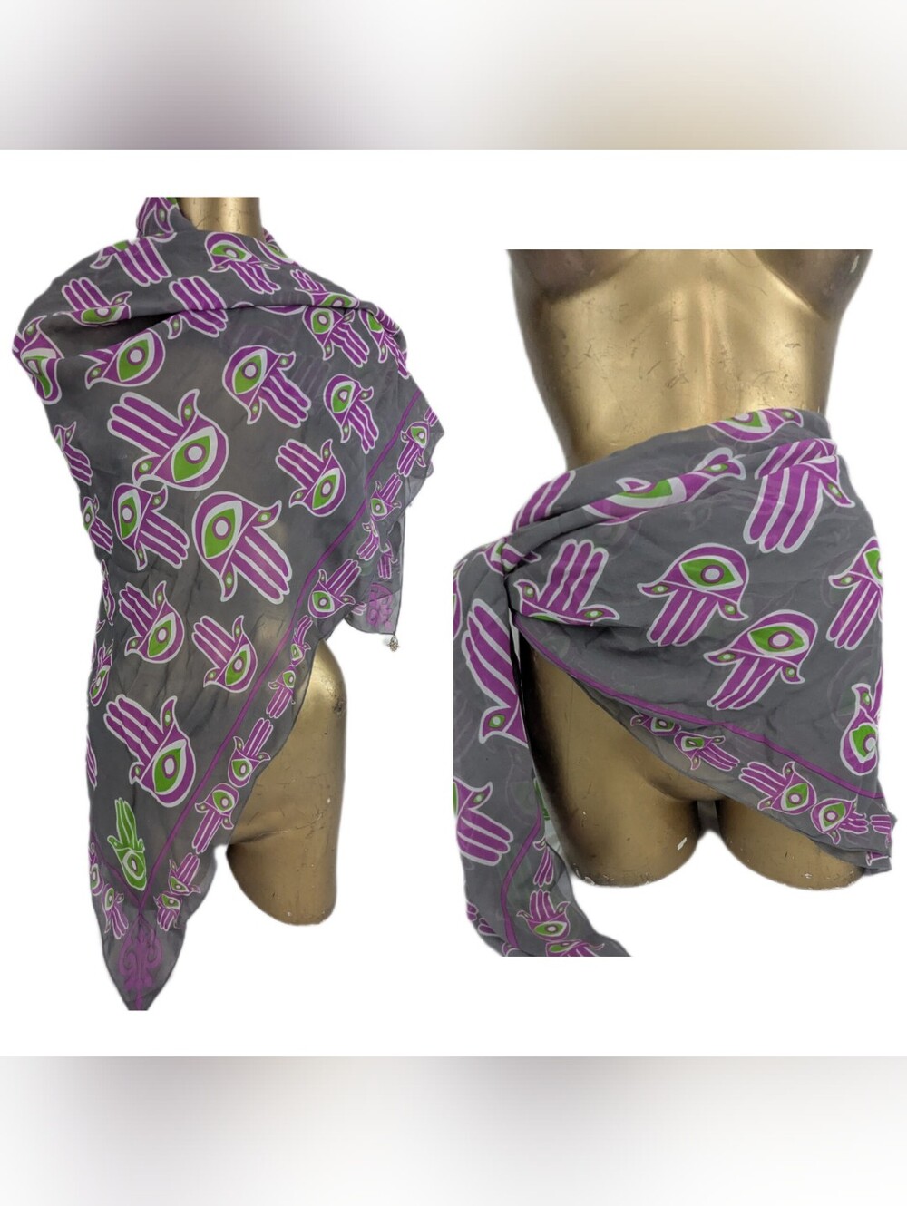 Otrera 100% Silk Scarf Hamsa Eye Grey/Purple /Green With Charms